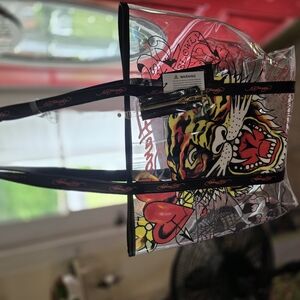 Ed Hardy Cream and Black Tote Bag with Bold Graphics